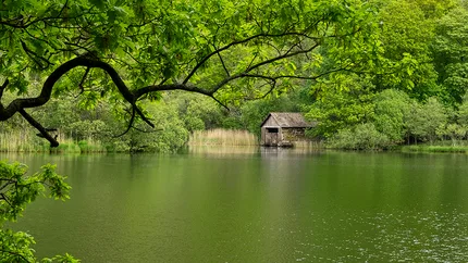 A boathouse nestles besides the still waters of the lake surrounded by trees.