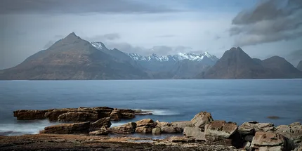The Cuillin Mountains viewed from Elgol.  Blue waters contrast with imposing mountains.