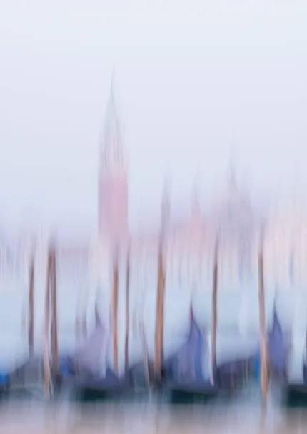 An ICM image of gondolas bobbing with San Giorgio Maggiore Bell Tower  in the background.
