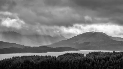 A view of Loch Tulla in black and white
