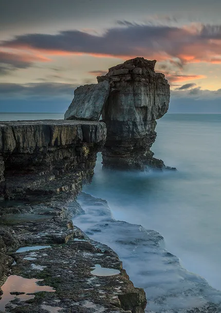 Pulpit Rock formation at sunset.  A costal feature of  Portland Bill