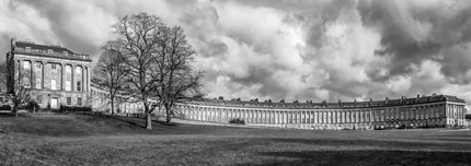 A Panoramic view of The Royal Crescent in Bath in black and white